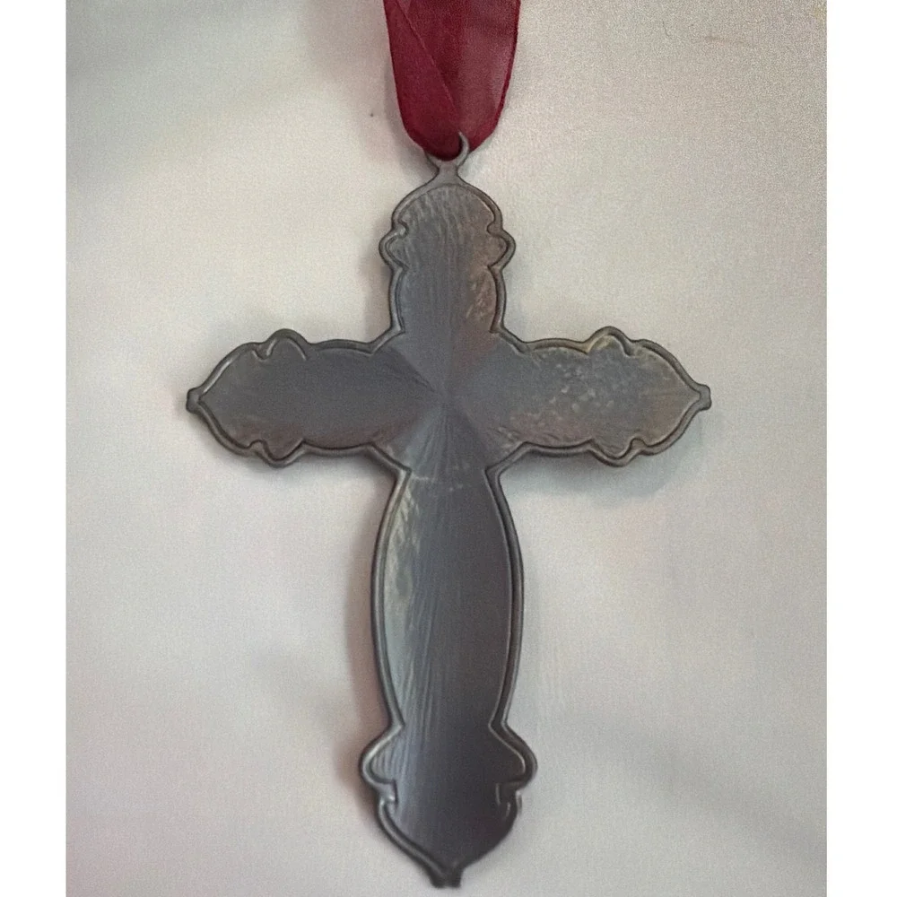 Vintage Ornate Enamel Rhinestone Cross Ornament OS Burgundy Metal Victorian
